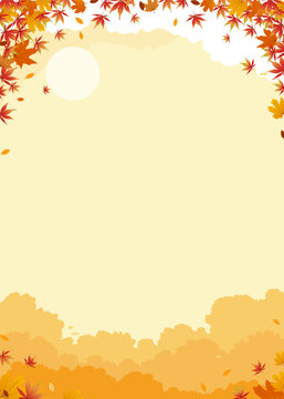 Autumn Background,Sunset Yellow Sky Clouds Layered, Sun with Orange Red Maple Leaves, Vertical Landscape Seasonal for Fall Banner,Thanksgiving Day Poster,Vector Illustration Invitation Design