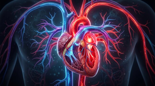 Human Heart Anatomy with Detailed Blood Vessels and Cardiovascular System