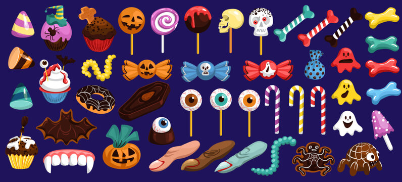 Halloween cupcakes and candies. Spooky holiday treats. Cupcakes and cookies with eerie designs. Eye shaped lollipops. Yummy chocolate bats. Sugar skulls and ghosts. Vector sweets set