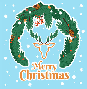 Festive Christmas greeting card. Winter holiday celebration. Conifer garland with cones. Tree branches. Vector Xmas banner template with fir wreath and silhouette of deer head with antlers
