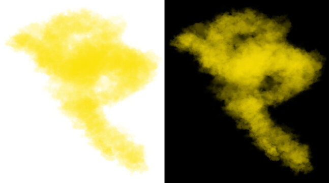 Yellow smoke explosion on black and white backgrounds, vibrant powder cloud burst, abstract colored steam effect for creative design