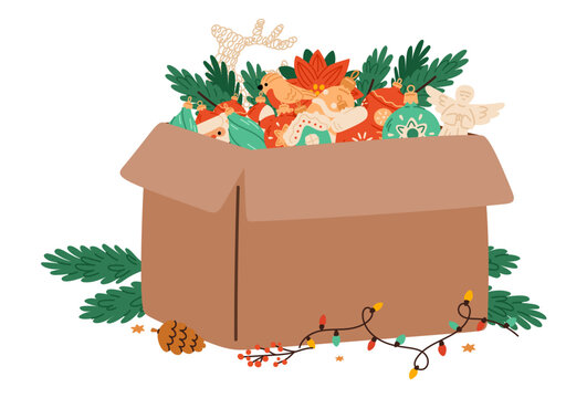 Cardboard box with colorful Christmas decorations and tree ornaments. Xmas and New Year celebrations. Holiday garlands. Traditional accessories. Conifer branches. Vector toys container