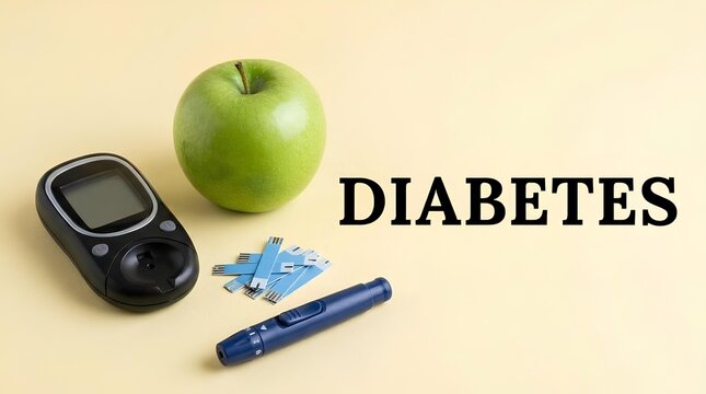 Glucose meter with green apple and diabetes text.