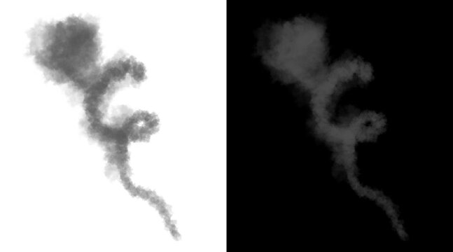 Atmospheric smoke trail illustration, swirling gray vapor plume on white and black background, realistic steam and fog effect for overlays