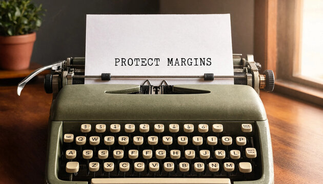 Vintage typewriter with paper displaying protect margins text on wooden desk near window