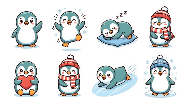 Set of cute penguin character illustrations in various poses and expressions for winter designs