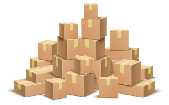 Stack of cardboard boxes. Realistic paper containers. Mailing packaging with adhesive tape. Large pile of parcels. Shipping order closed packs. Warehouse storage. Vector packages heap
