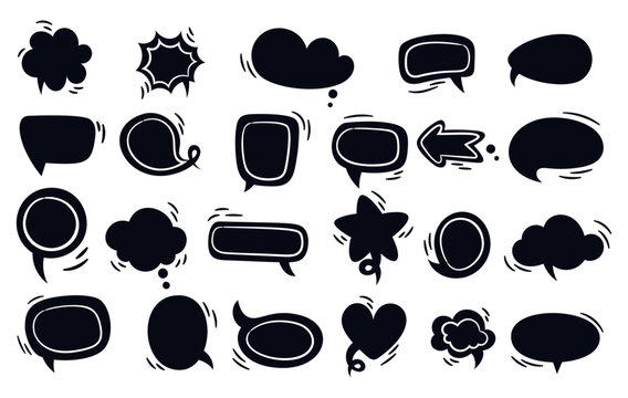 Speech bubbles. Silhouette drawing elements. Dialogue boxes. Thought balloons. Discussion and conversation. Blank dialog templates for chats and messages. Forum text fields vector set