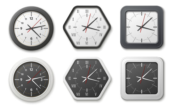 Realistic wall clock. Various shapes of dials. Square, round and polygonal analog timepiece frames. Office black and white watch with hands. Time measurement. Vector isolated timers set