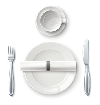 Realistic table setting. Top view of restaurant food serving. Etiquette rules. Cutlery arrangement. Banquet flatware. Dining knife and fork. Clean dish. Cup on saucer. Vector tableware