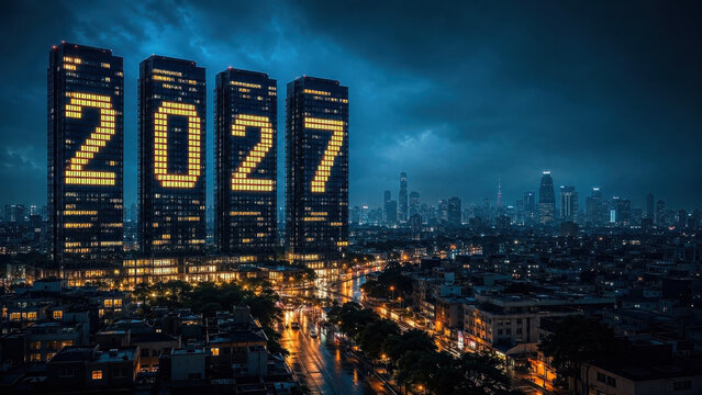 Four tall buildings display 2027 above a glowing city skyline at night, with wet streets and traffic below. New year celebration and urban future concept.