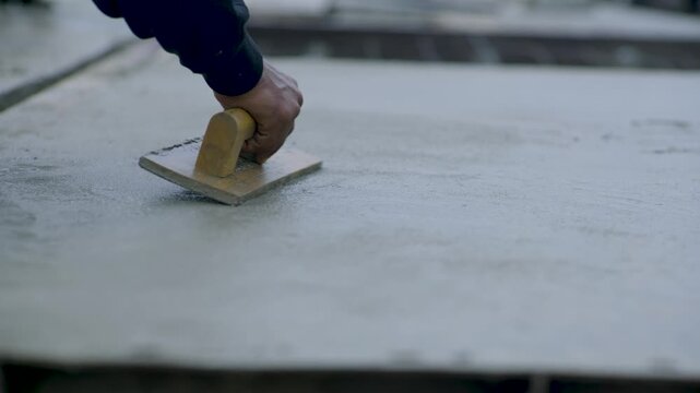Worker Floating Concrete With Wooden Hand Float
