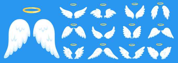 Fototapeta premium Cartoon angel wings. Golden halo. Bird body pair parts. White feathers. Soaring into heavens. Divine forces of good. Angelic aureole. Heraldic icons. Sacred religion symbols vector set