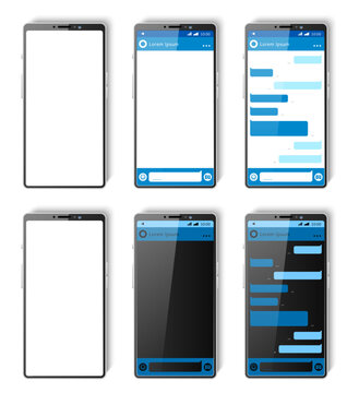 Realistic phone screen for chat. Text messaging app. Light or dark schemes. Social media UI design. Application interface. Smartphone dialog. Blank touchscreen. Vector mobile displays set