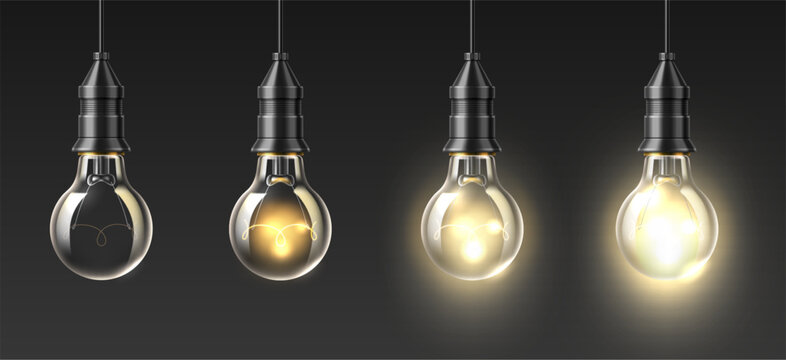 Realistic light bulbs on dark background. Varying degrees of filament brightness. 3D models of glowing Edison lightbulbs. Lamps hanging on electric wire. Room illumination vector set