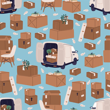Car with cardboard boxes and household items ready for moving. Family relocation seamless pattern. Carton containers delivery. Transportation service. Repeated print. Vector background