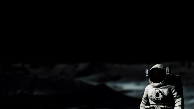 An astronaut on the moon stands quietly under a dark sky. The surface is textured and the landscape shows distant craters and hills. The vastness of space surrounds the scene.