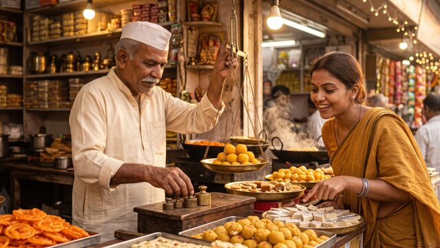 Elderly Indian Sweet Shopkeeper Weighing Laddus &ndash; Festive Mithai Shopping Tradition.
