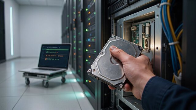 A realistic data center maintenance and cybersecurity backup scene showing an IT professional handling a server hard drive during a technical operation.