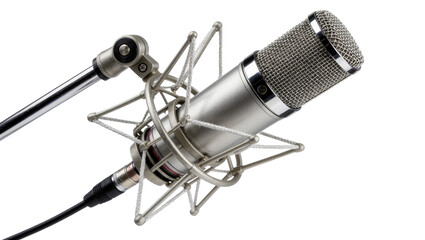 Silver condenser microphone with shock mount and boom arm, isolated on transparent background © iPNGi