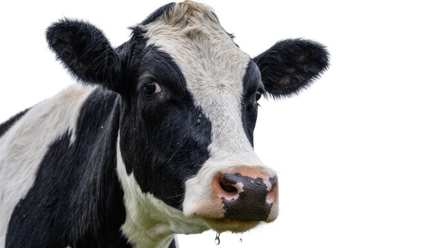 Black and white Holstein cow head with water droplets, isolated on transparent background