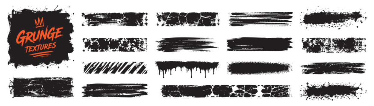 Collection of various black grunge brush strokes, ink splatters, and distressed textures isolated on white background for design elements.
