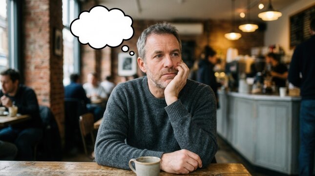 Mature man in cafe deep in thought, hand on chin, with empty thought bubble above head, conveying contemplation and solitude