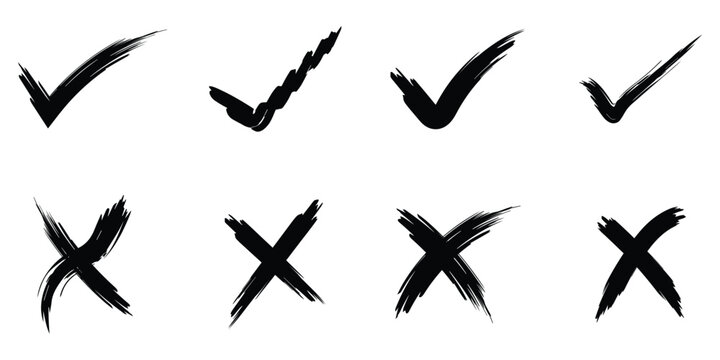 Hand drawn green check mark and red cross mark brush stroke icons. Hand drawn yes correct wrong paint stroke checklist verification background. Vector illustration