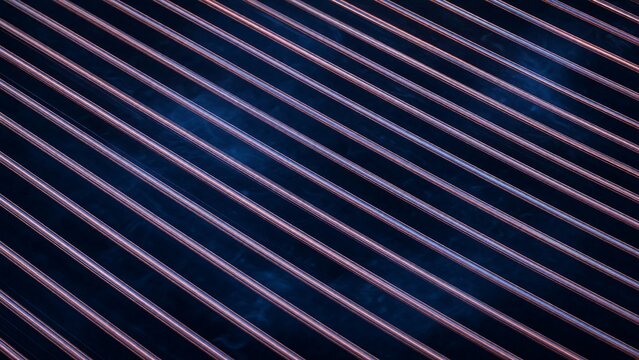 Copper line stripe pattern concept with metallic parallel tube grid network over dark blue surface symbolizing quantum circuit board, data bus array, and modern tech innovation