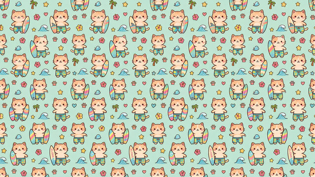 Seamless pattern with cute cartoon foxes surfing on a light green background.
