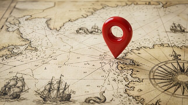 Glossy red 3D map location pin icon placed on a vintage nautical map with aged paper texture, featuring old sailing ships, sea monsters, a compass rose, and intricate maritime cartography details.