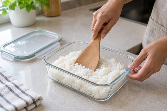 Home Cook Cooling Freshly Cooked Rice in a Shallow Container for Food Safety