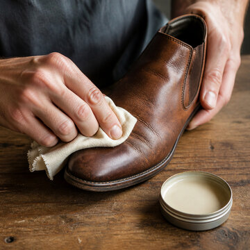 Hands Applying Conditioner to a Worn Leather Shoe for Sustainable Repair