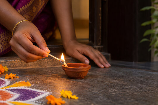 Malaysian Indian Woman Lighting a Traditional Clay Oil Lamp for Deepavali