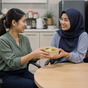Malaysian Coworkers Sharing Homemade Lunch During an Informal Office Break
