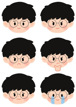 Cute Boy Character with Round Glasses Showing Various Emotional Facial Expressions