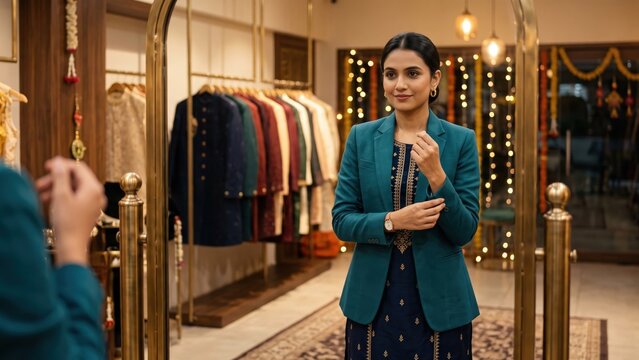 Young Indian Professional Woman in Festive Fusion Blazer &ndash; Modern Office Fashion.
