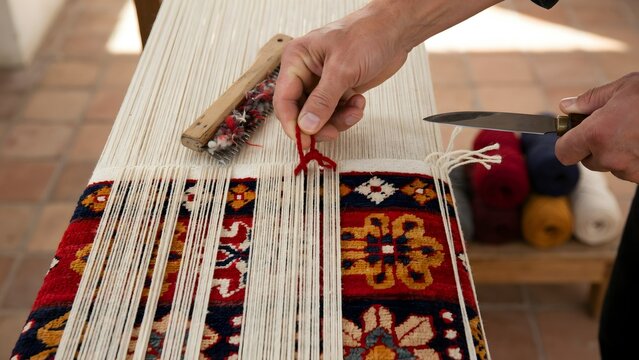 Traditional weaving process with hand tools and colorful patterned textile on loom