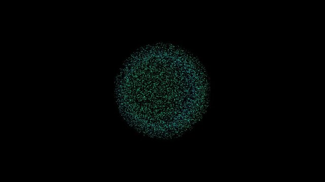 Thousands of luminous emerald, teal, and cyan particles form a precise circular ring that smoothly transforms into a volumetric three-dimensional sphere with a transparent background and consistent cy