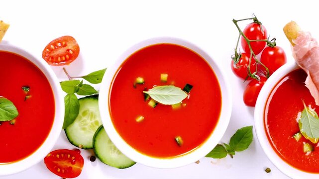 Fresh Cold Tomato Gazpacho Bowls with Basil Cucumber and Breadsticks on White Background