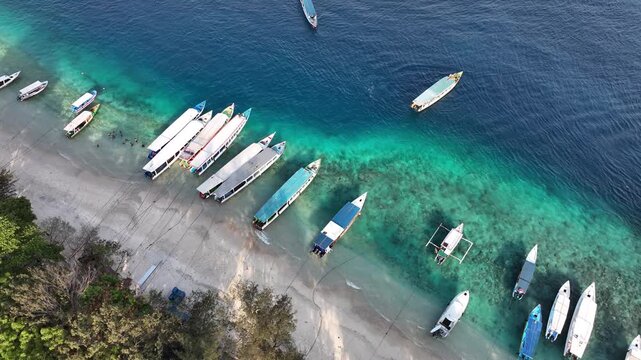 Aerial view of the coastline of Gili Trawangan island in Lombok, Indonesia