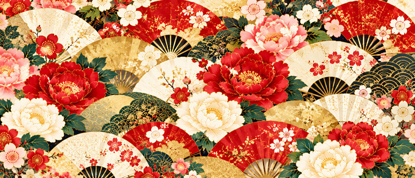 牡丹と梅の花、金彩の扇を華やかに重ねた赤と金の豪華な和風背景