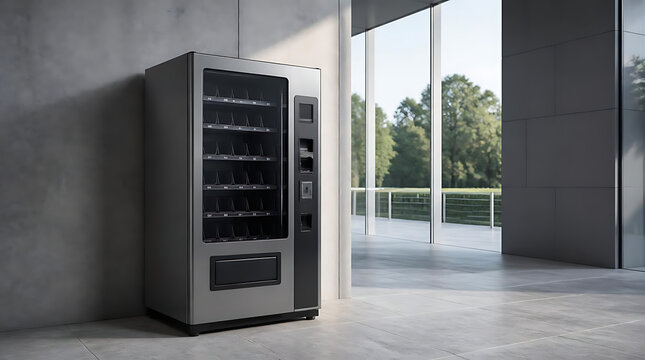Modern automatic vending machine in minimalist lobby.