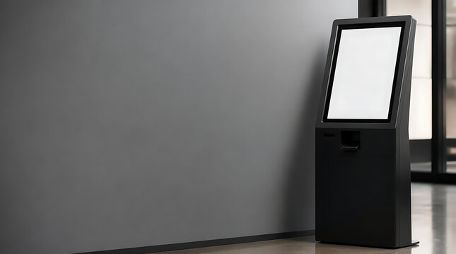 Modern black digital advertising display kiosk indoors.