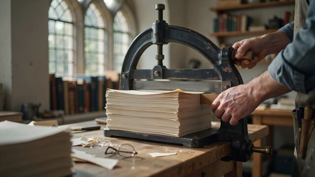 Vintage Bookbinding Machine in Use with Thick Paper Stack in Classic Library