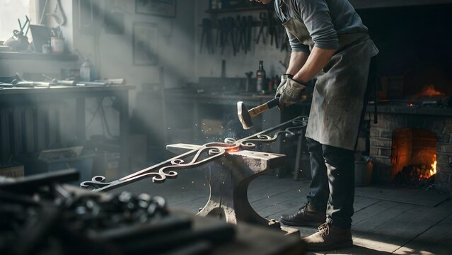 Skilled blacksmith forging decorative metalwork with hammer and anvil in workshop