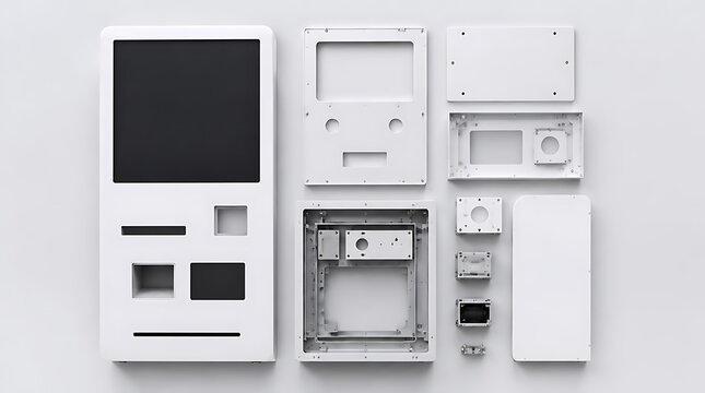 Disassembled white ATM machine parts layout flat lay.