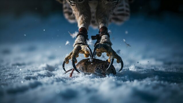 Majestic bird of prey catching and carrying fish over snowy landscape at dawn