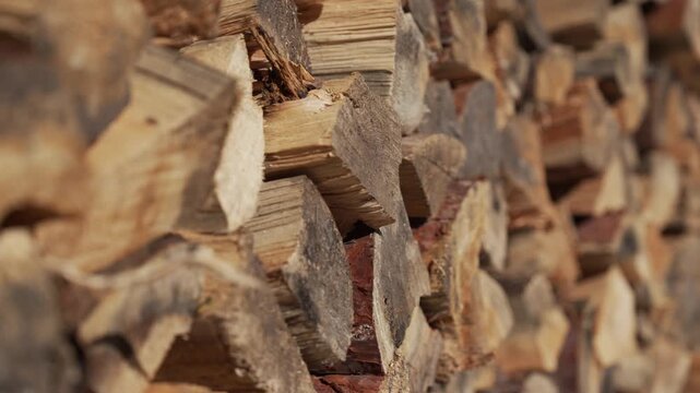 Pile of chopped fire wood prepared for the fireplace and stove. Stacks of fuel wood. Replenishing Stocks of Firewood for Winter. Country life. The chopped trees is stacked in a large log woodpile.