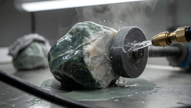 Stone polishing process with water jet for smooth shiny gemstone surface